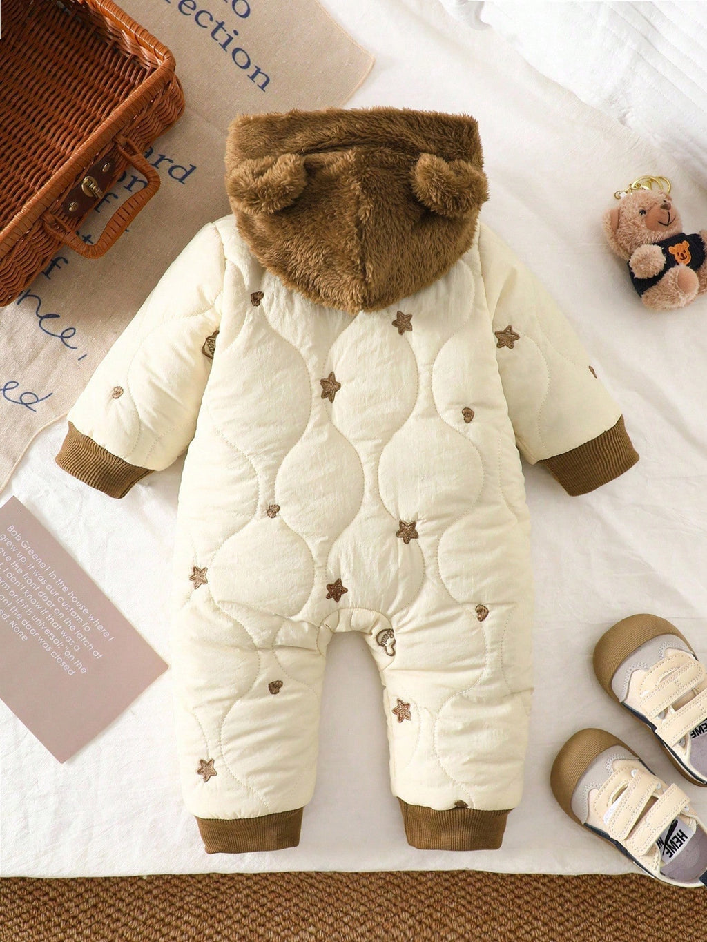 Baby's Polka Dot & Heart Embroidered Bear Hooded Winter Jumpsuit