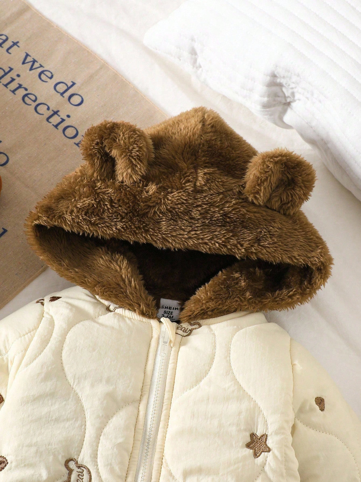 Baby's Polka Dot & Heart Embroidered Bear Hooded Winter Jumpsuit