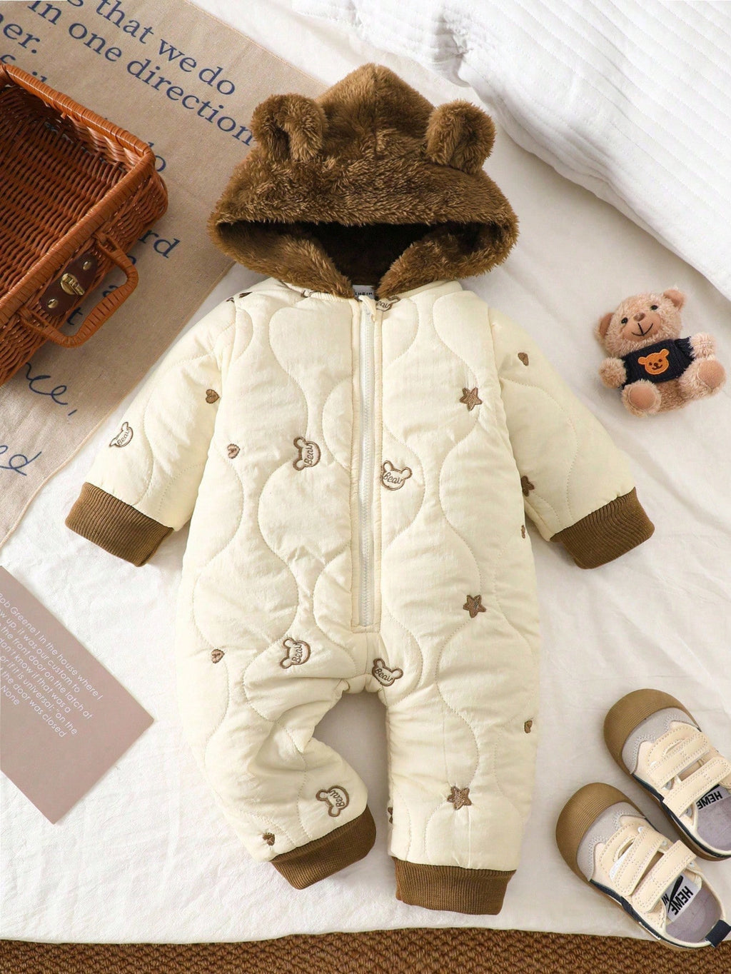 Baby's Polka Dot & Heart Embroidered Bear Hooded Winter Jumpsuit
