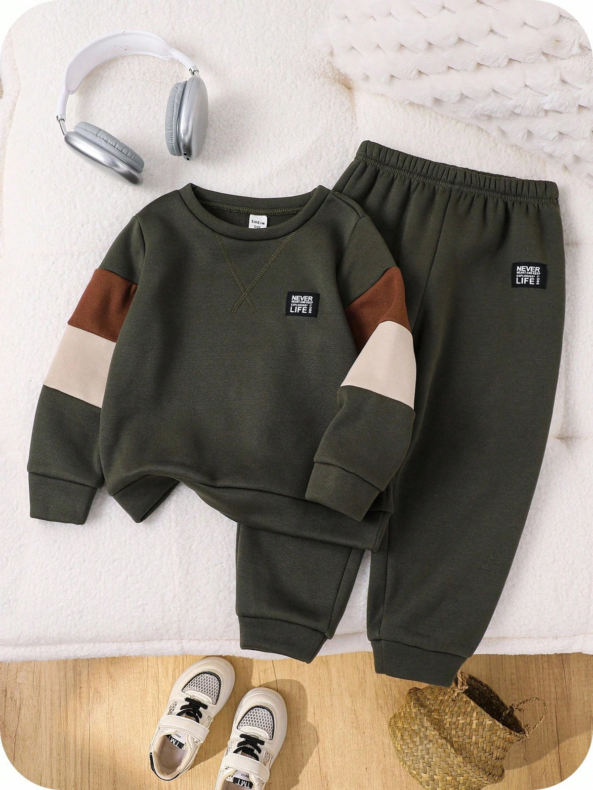 Bambinoo x Playful Pals Boys' Patchwork Sweatshirt & Pants Set Army Green