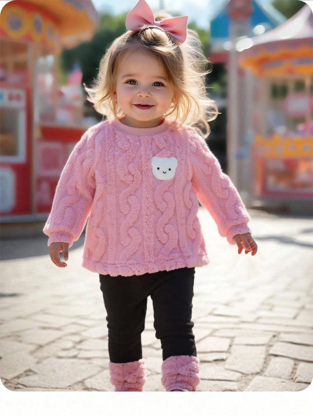 Baby Girl Furry Cartoon Thermal Hoodie Set - Pink