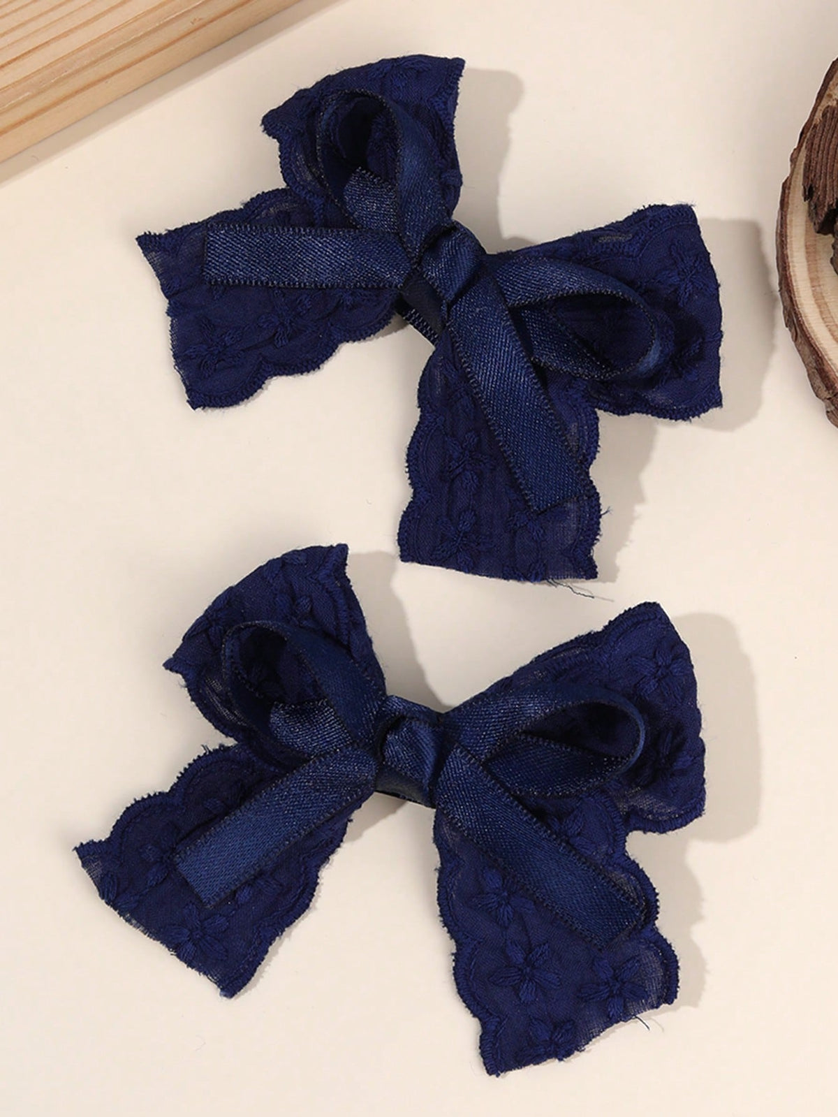 Girls' Navy Embroidered Flower & Satin Lace Bow Hair Clips 2-Pack