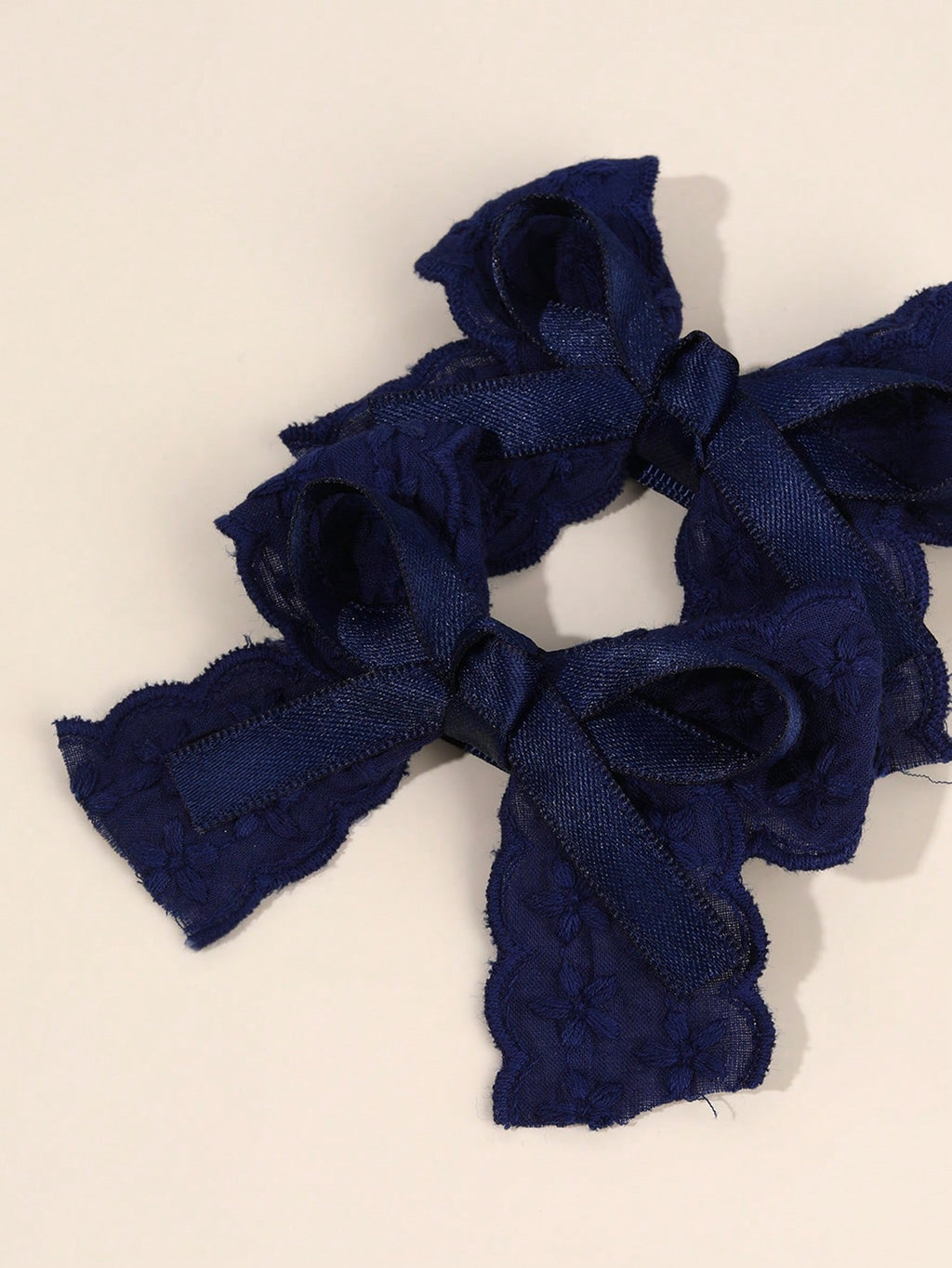 Girls' Navy Embroidered Flower & Satin Lace Bow Hair Clips 2-Pack