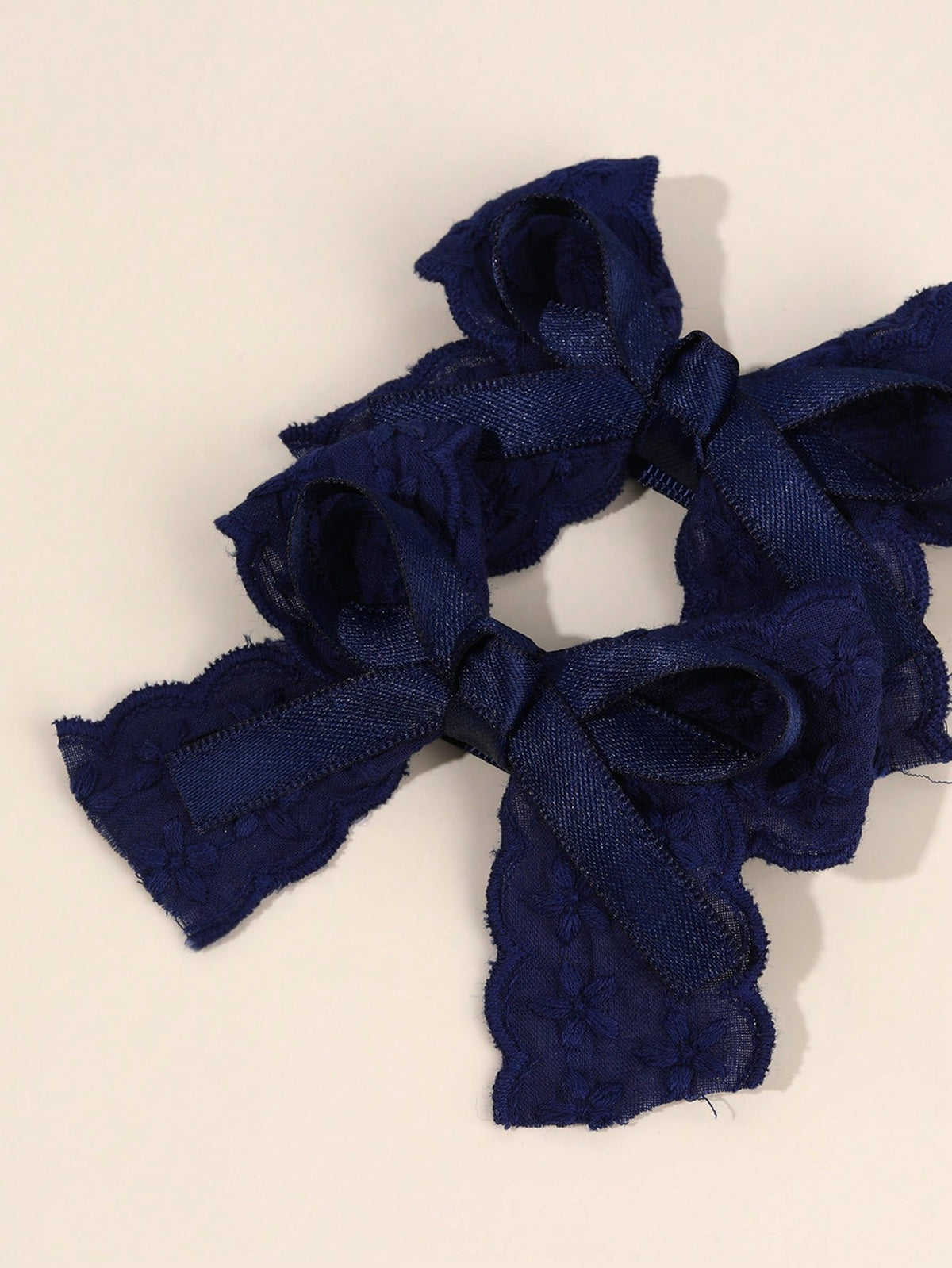 Girls' Navy Embroidered Flower & Satin Lace Bow Hair Clips 2-Pack