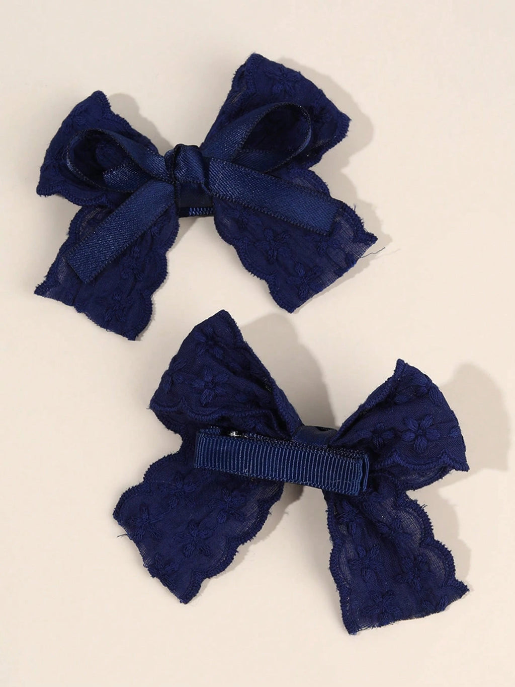 Girls' Navy Embroidered Flower & Satin Lace Bow Hair Clips 2-Pack