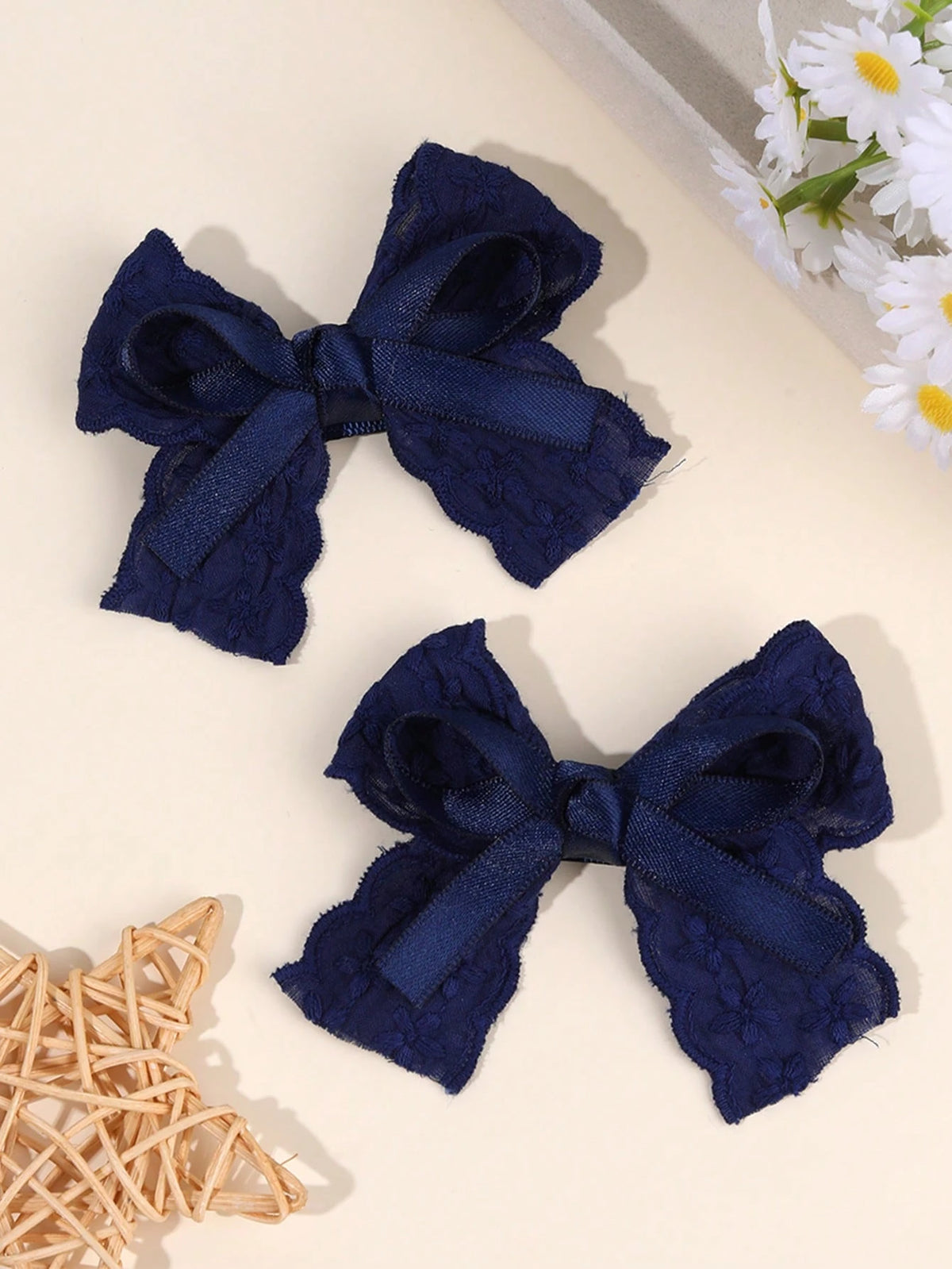 Girls' Navy Embroidered Flower & Satin Lace Bow Hair Clips 2-Pack