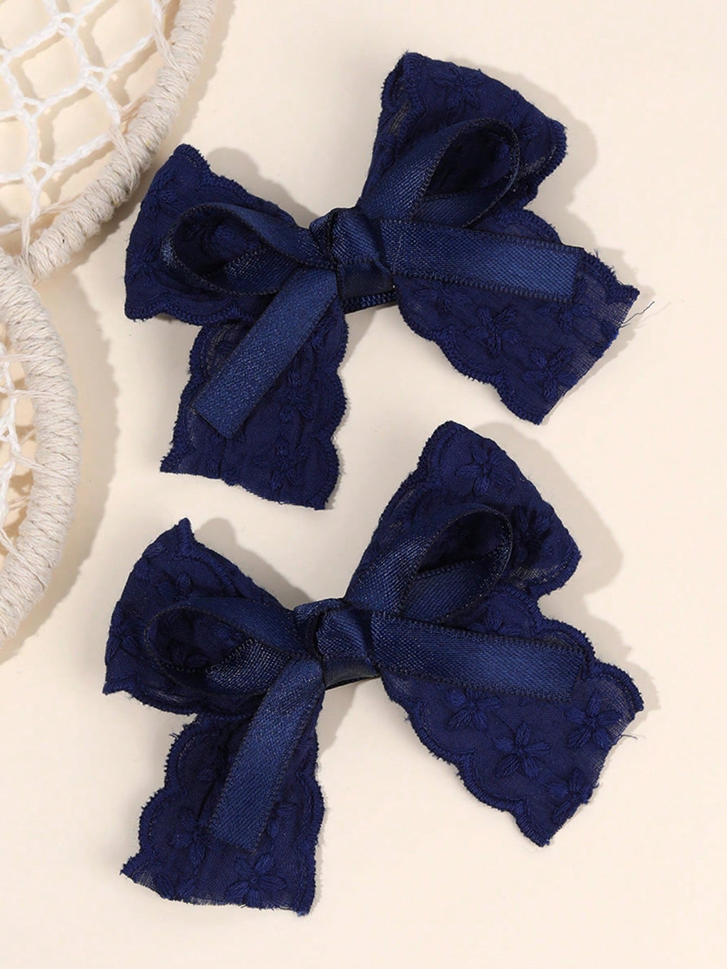 Girls' Navy Embroidered Flower & Satin Lace Bow Hair Clips 2-Pack