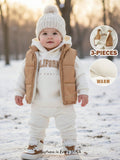 Ensemble 3 pièces Cozy Pixies pour bébé garçon : sweat à capuche, gilet et pantalon imprimés, couleur abricot