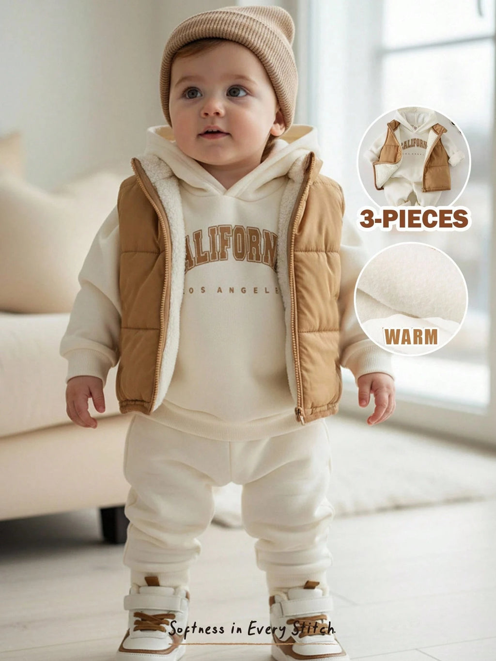 Ensemble 3 pièces Cozy Pixies pour bébé garçon : sweat à capuche, gilet et pantalon imprimés, couleur abricot