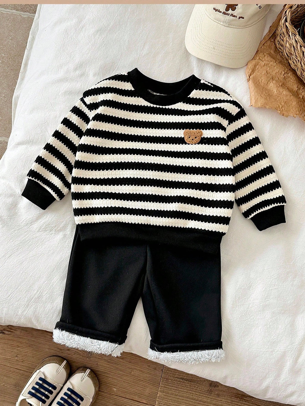 LMoss Kids Ensemble Sweat-shirt et Pantalon Thermique Rayé pour Bébé Garçon Noir et Blanc