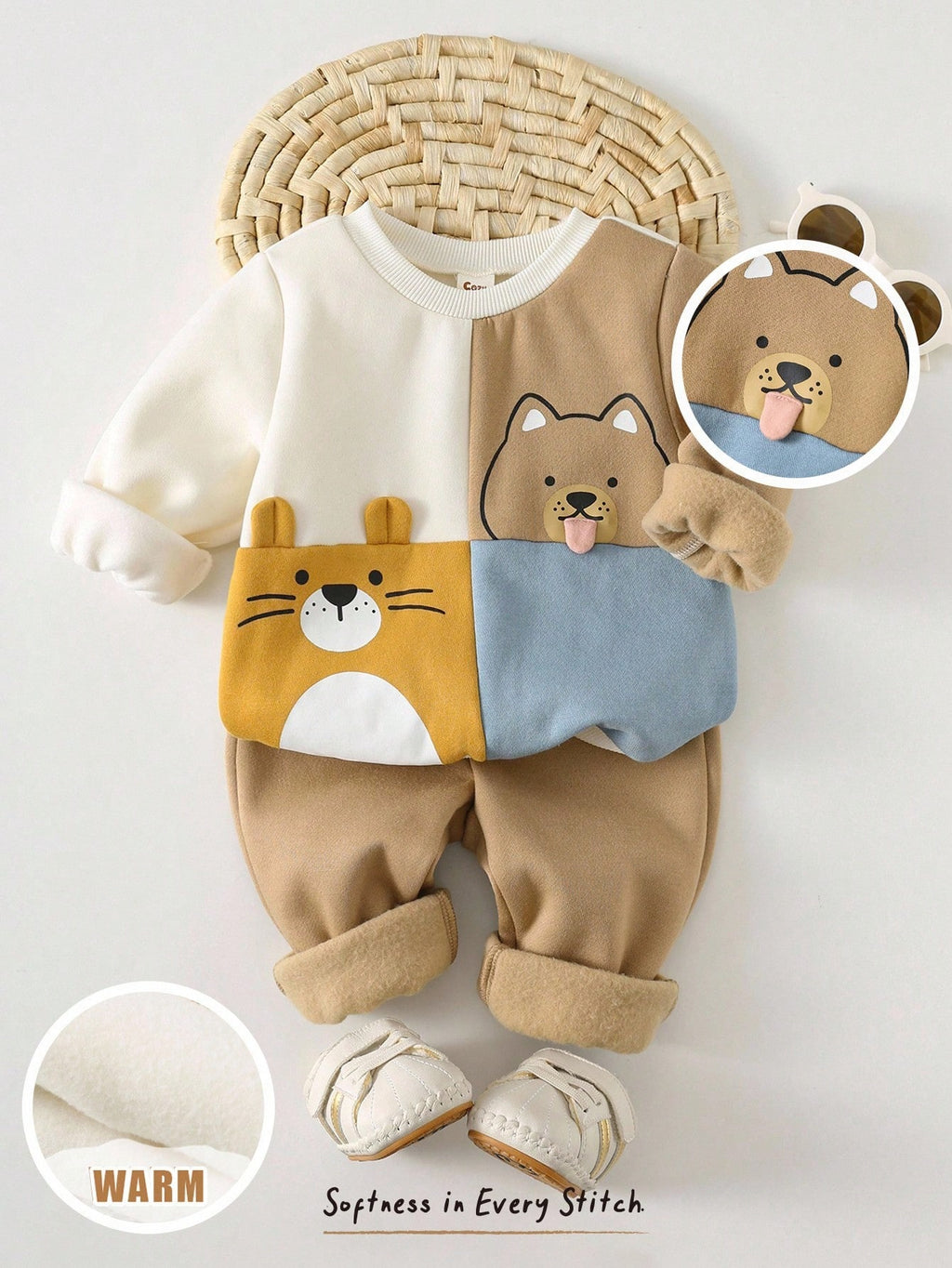 Ensemble sweat et pantalon patchwork animaux Cozy Pixies pour bébé garçon, couleur abricot