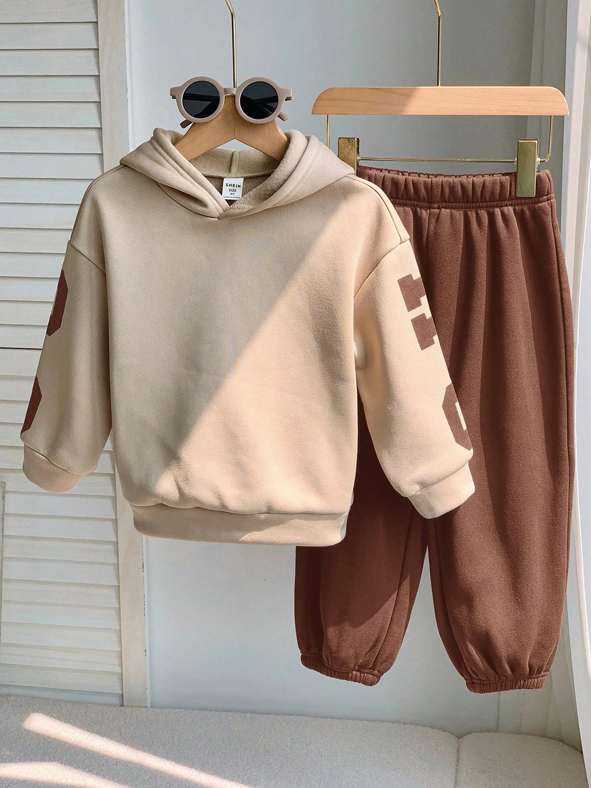 Bambinoo x Playful Pals Boys' Letter Graphic Hoodie & Pants Set Brown