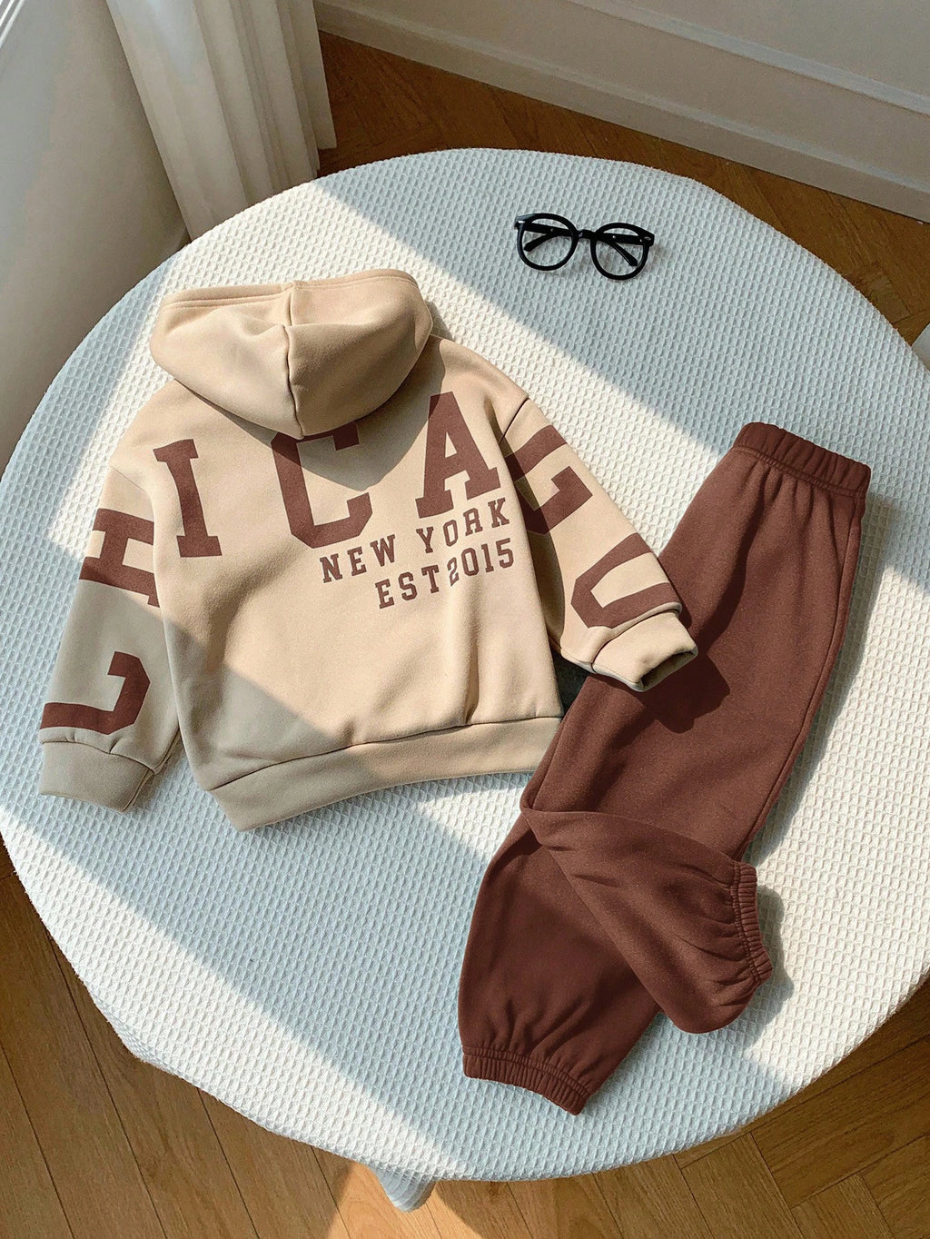 Bambinoo x Playful Pals Boys' Letter Graphic Hoodie & Pants Set Brown