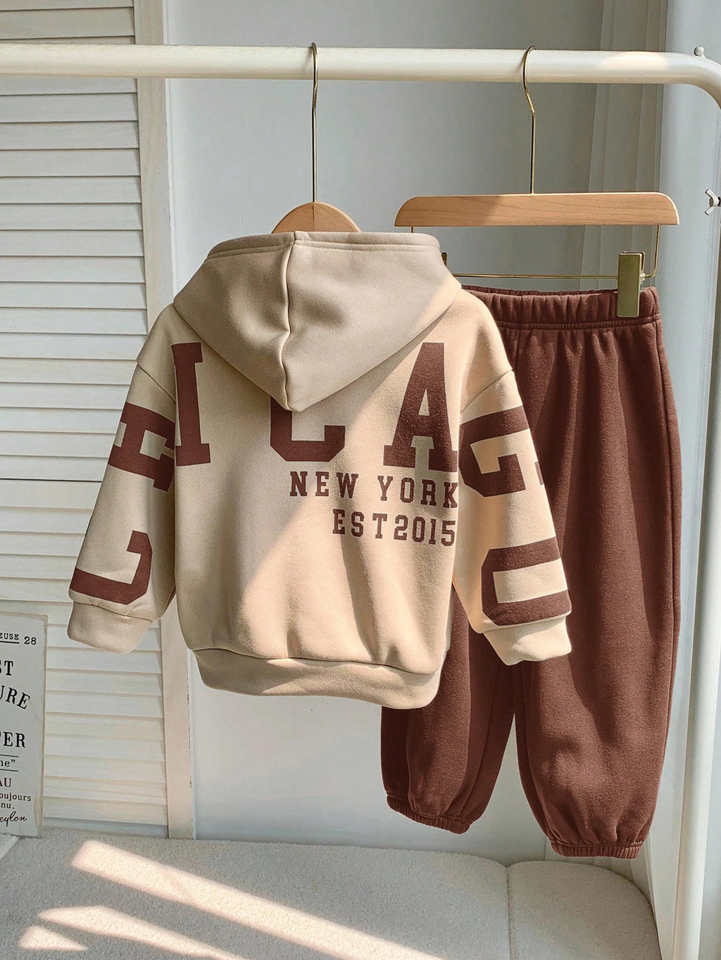 Bambinoo x Playful Pals Boys' Letter Graphic Hoodie & Pants Set Brown