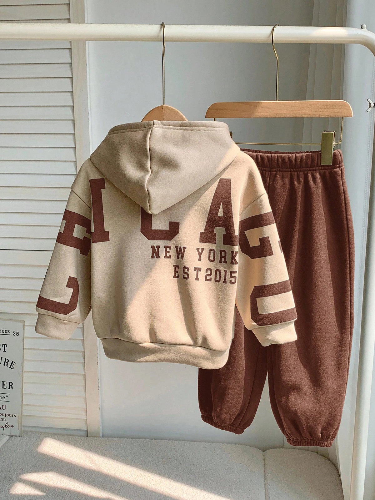 Bambinoo x Playful Pals Boys' Letter Graphic Hoodie & Pants Set Brown
