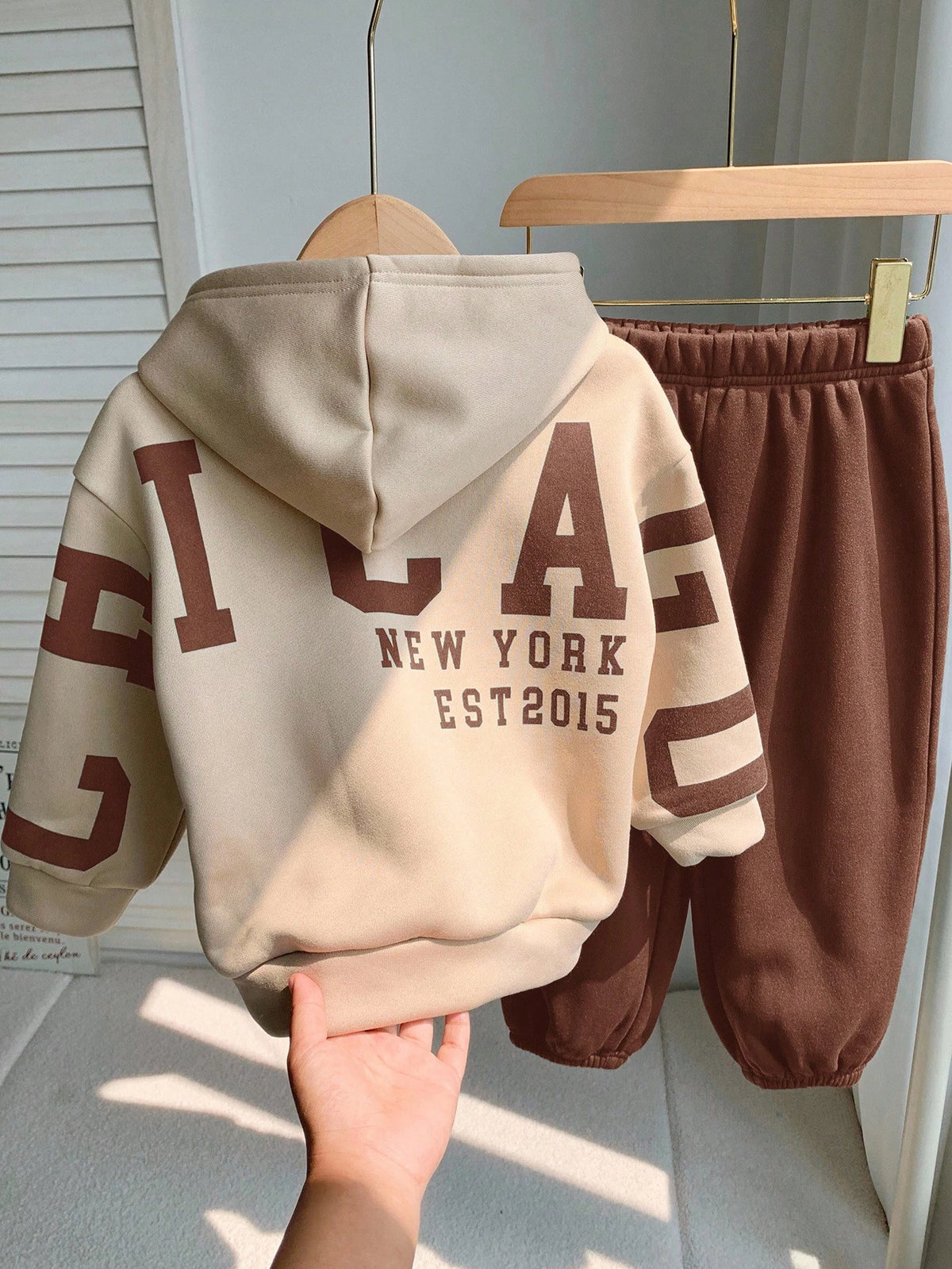 Bambinoo x Playful Pals Boys' Letter Graphic Hoodie & Pants Set Brown