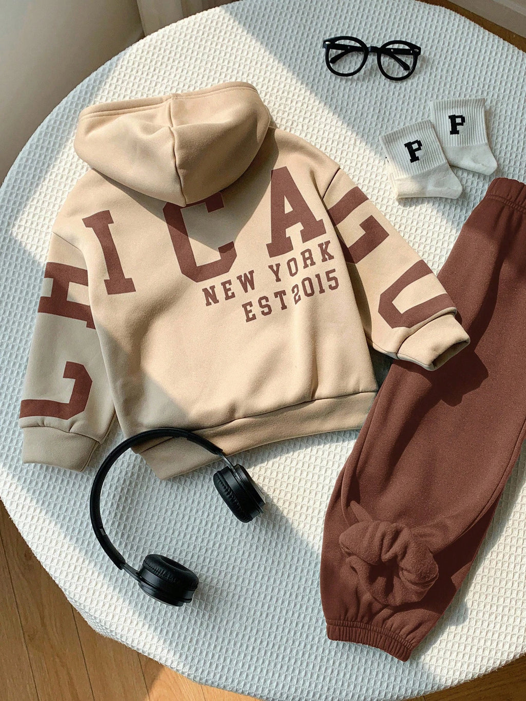 Bambinoo x Playful Pals Boys' Letter Graphic Hoodie & Pants Set Brown