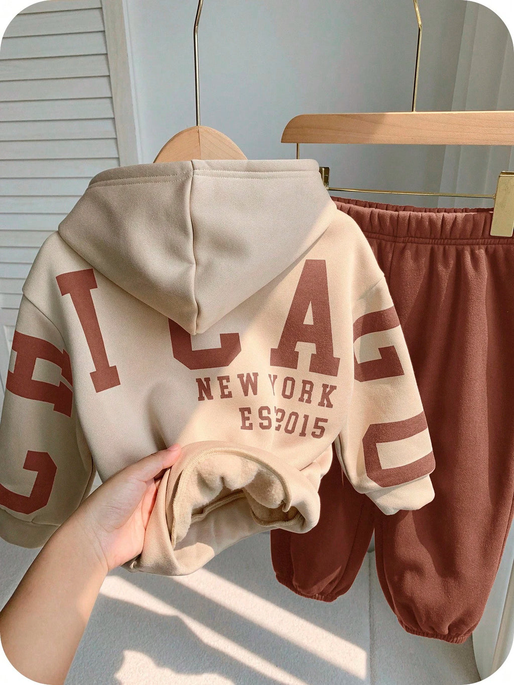 Bambinoo x Playful Pals Boys' Letter Graphic Hoodie & Pants Set Brown