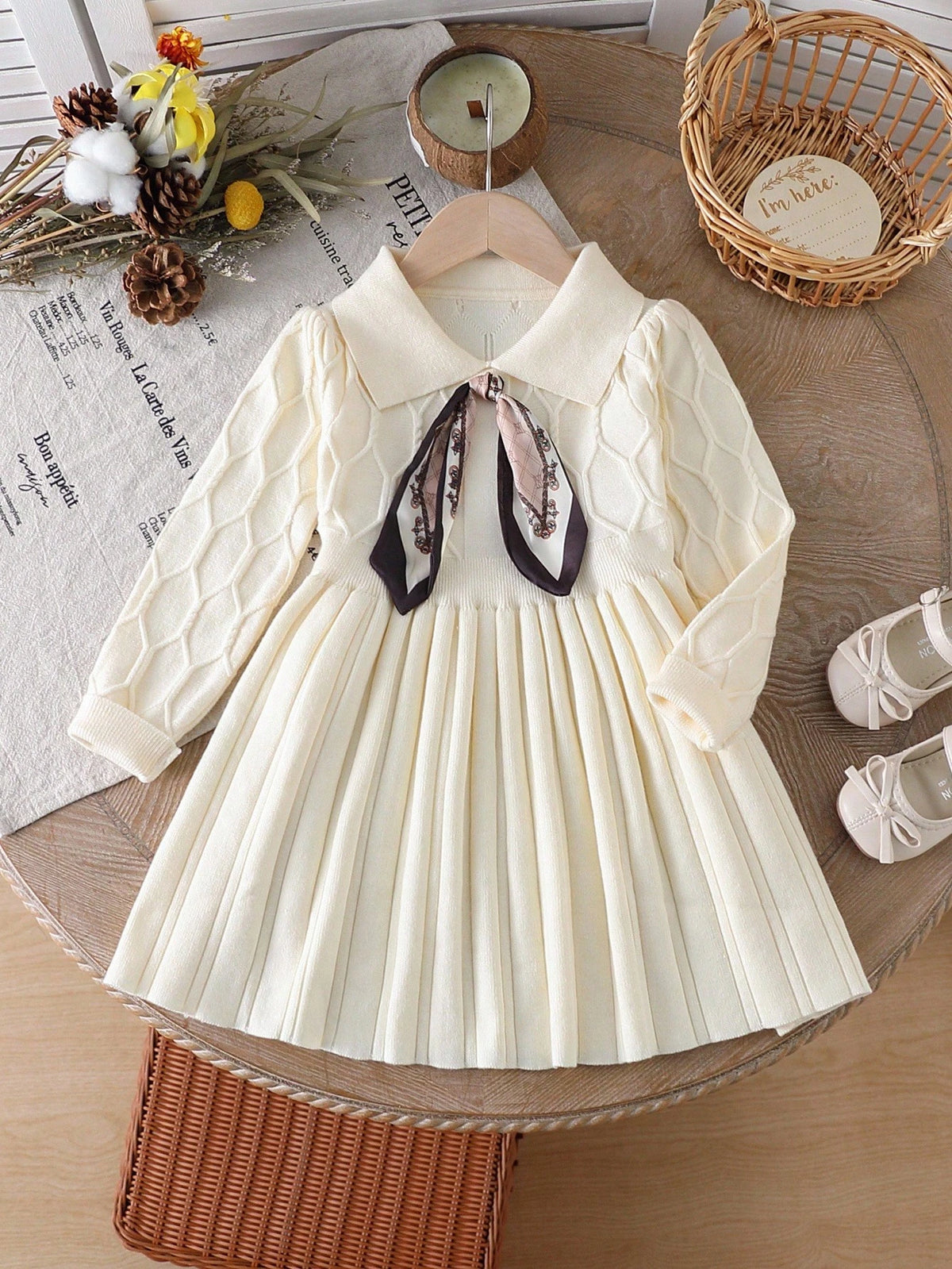 Girl Textured Jacquard Collared Sweater Dress Scarf