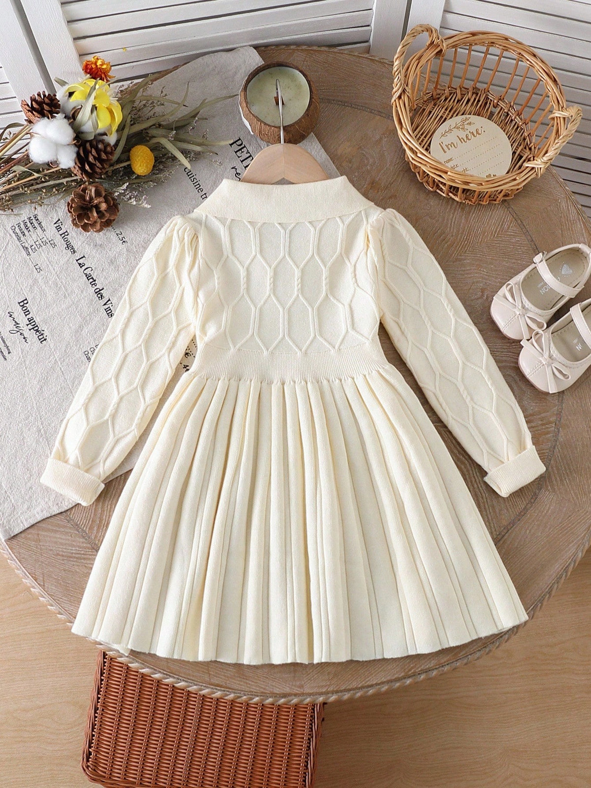 Girl Textured Jacquard Collared Sweater Dress Scarf