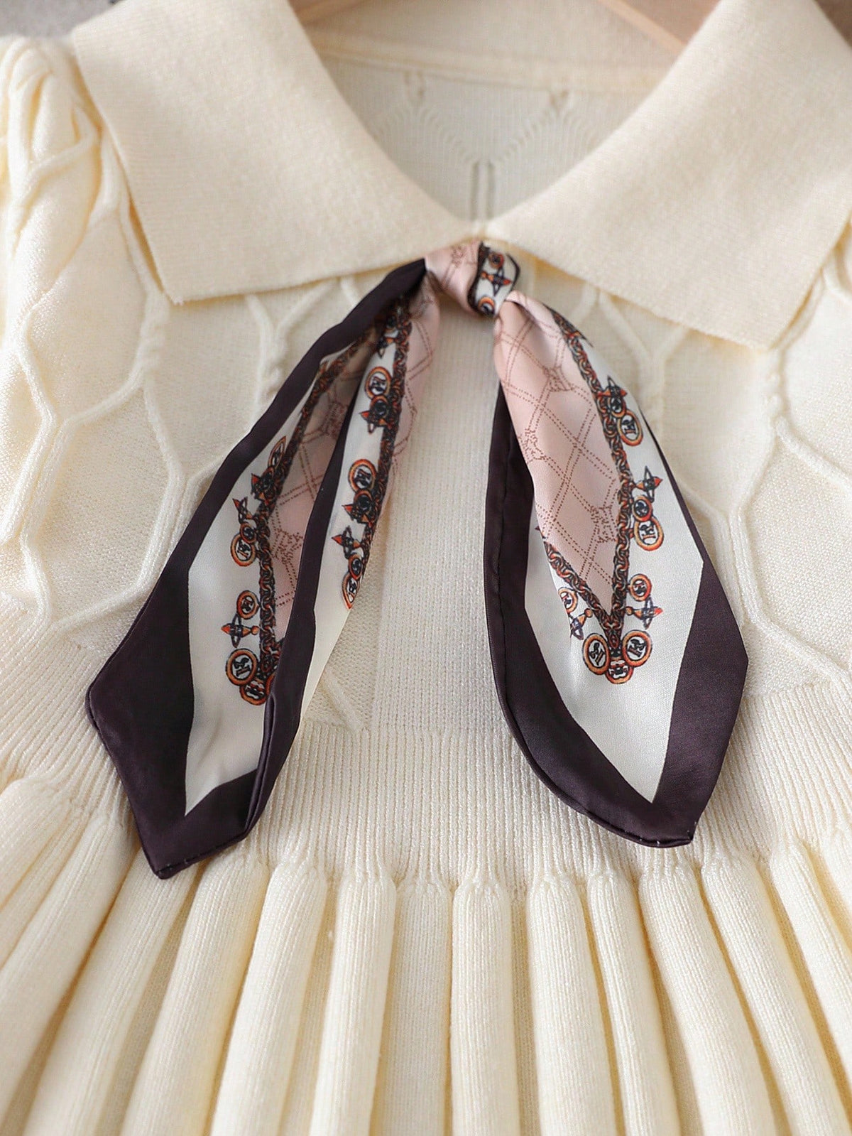 Girl Textured Jacquard Collared Sweater Dress Scarf