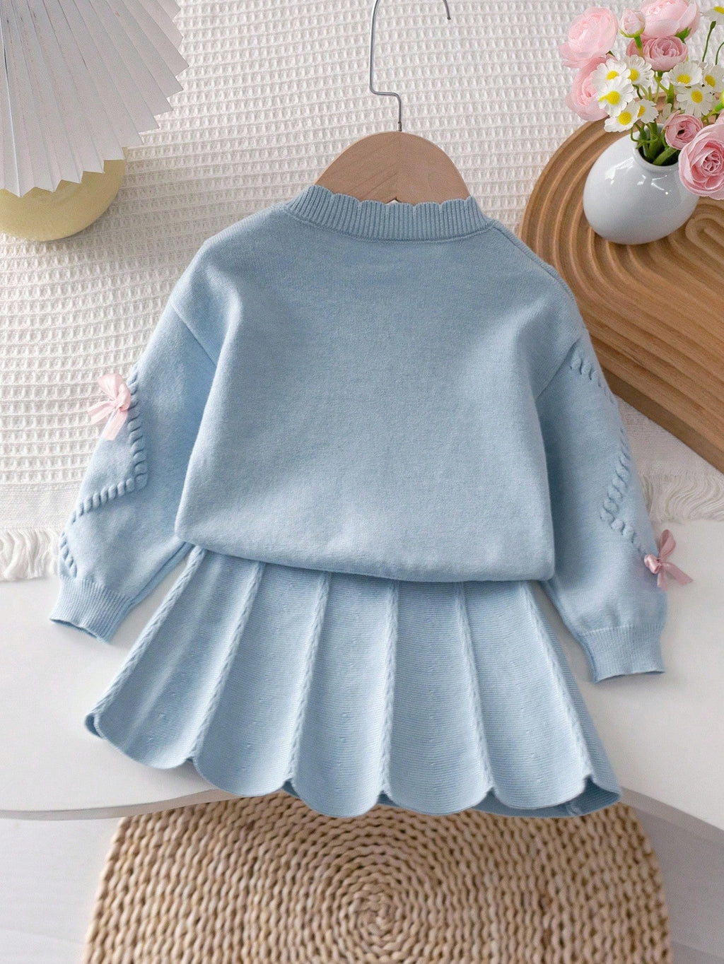 Baby Girl Bow Decor Long Sleeve Knit Cardigan Skirt 2 Piece Set