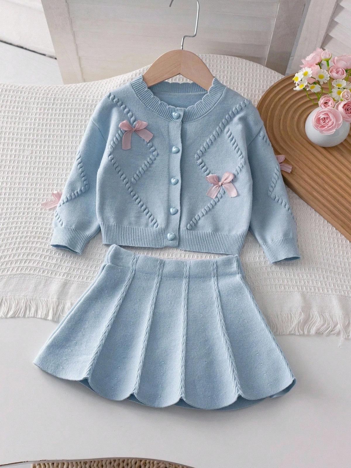 Baby Girl Bow Decor Long Sleeve Knit Cardigan Skirt 2 Piece Set
