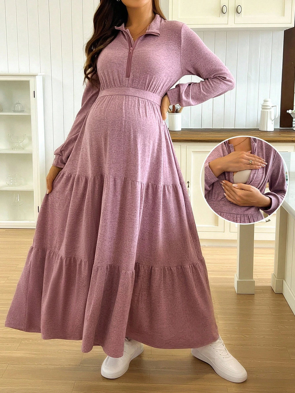 Casual Solid Color Turndown Collar Nursing Dress Fall Dusty Pink
