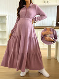 Casual Solid Color Turndown Collar Nursing Dress Fall Dusty Pink