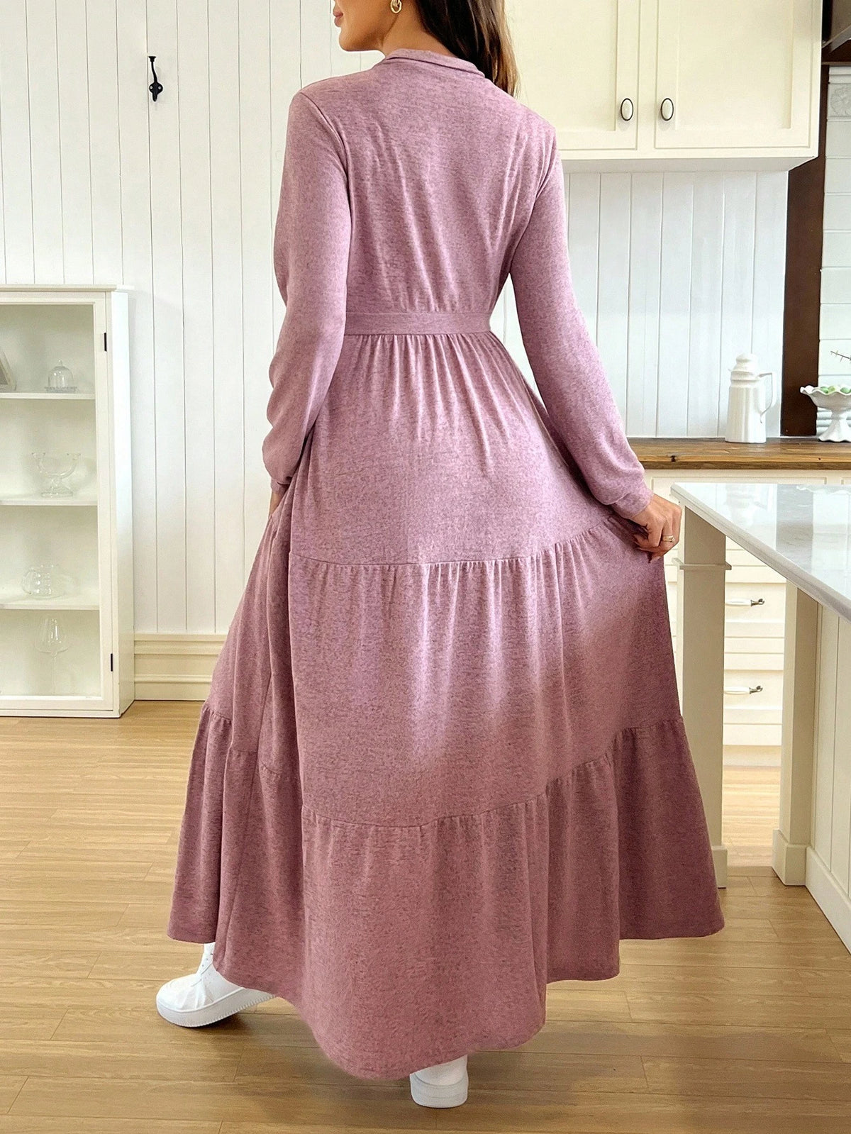 Robe d'allaitement décontractée unie à col rabattu automne vieux rose