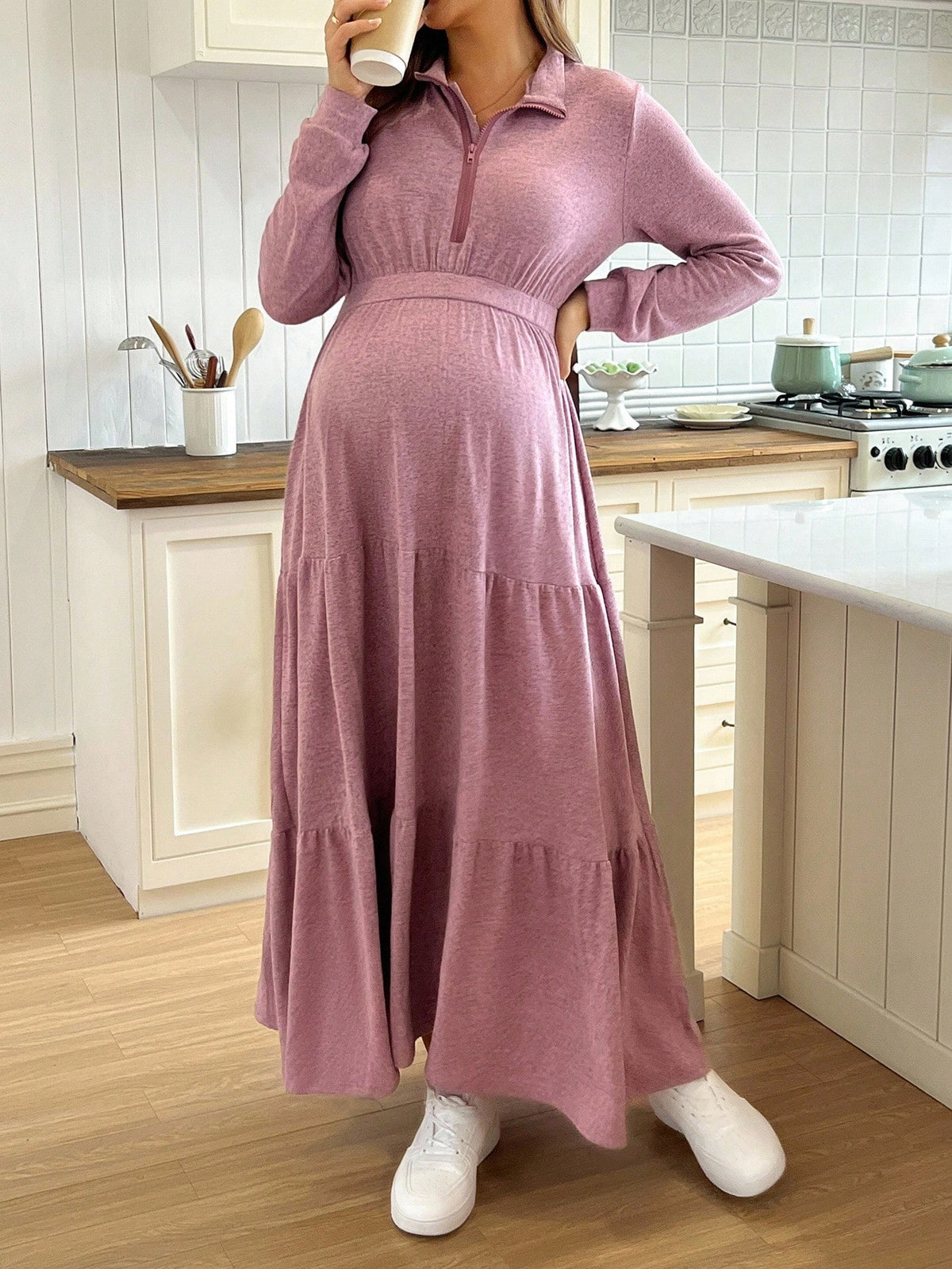 Robe d'allaitement décontractée unie à col rabattu automne vieux rose
