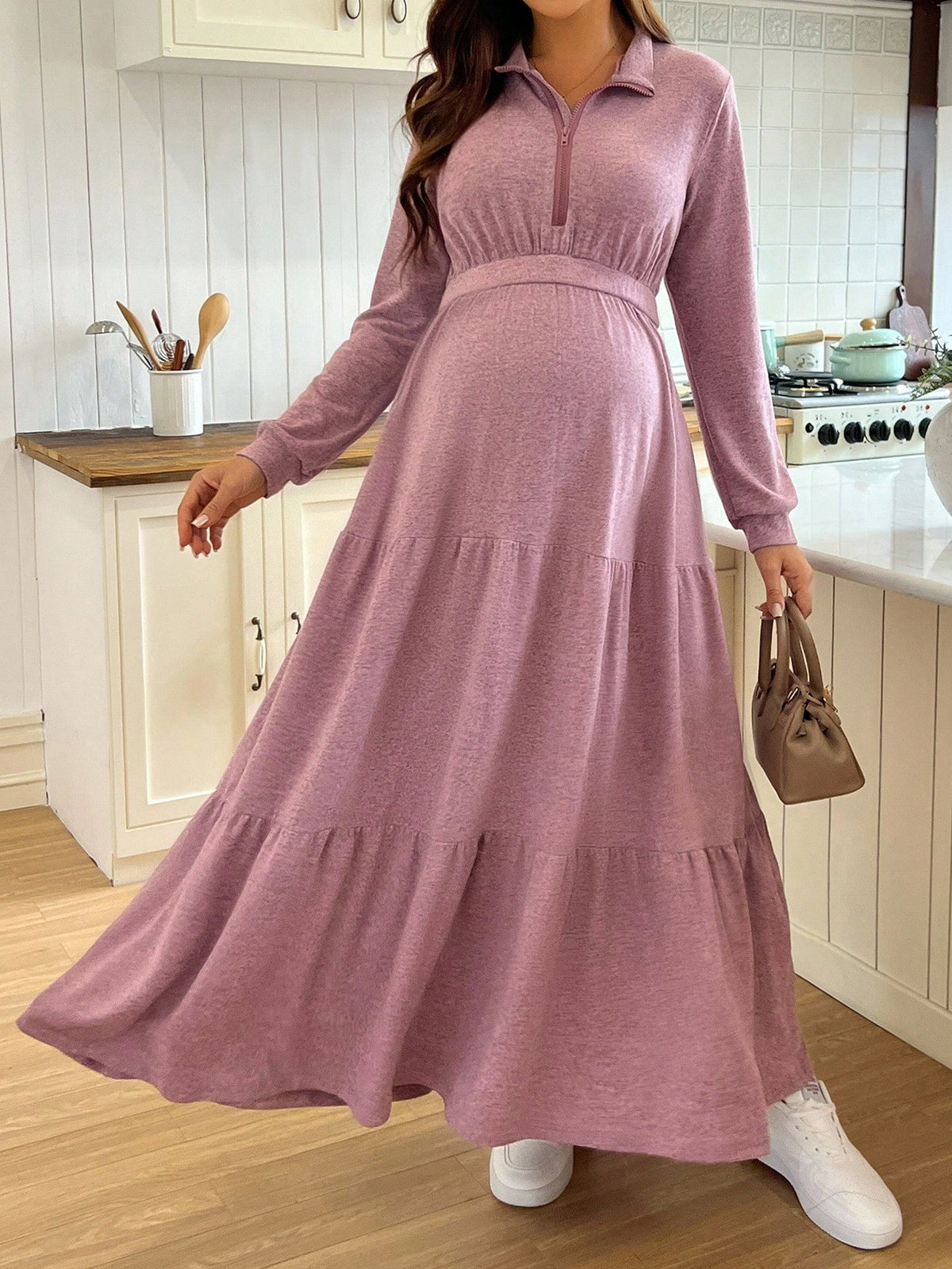 Robe d'allaitement décontractée unie à col rabattu automne vieux rose