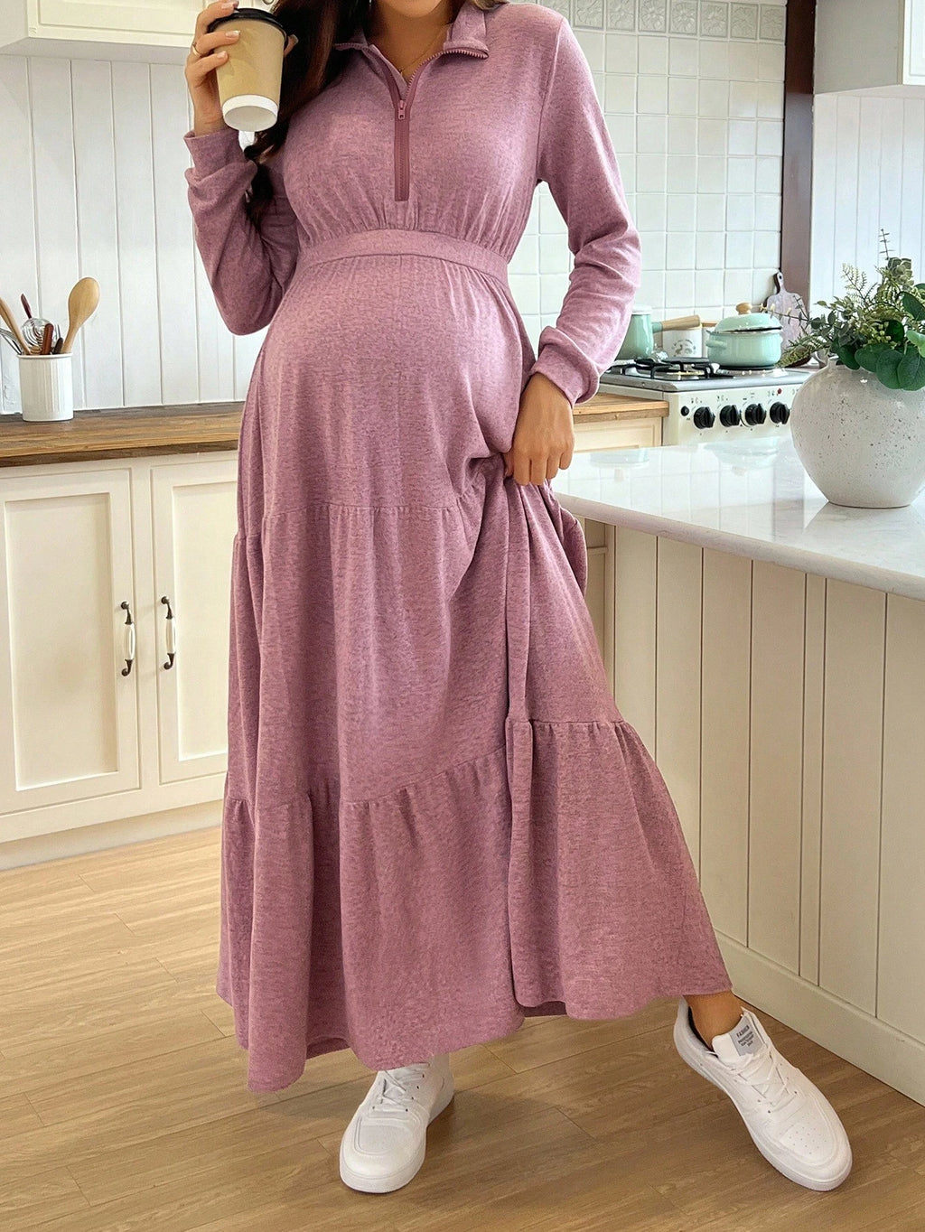 Casual Solid Color Turndown Collar Nursing Dress Fall Dusty Pink