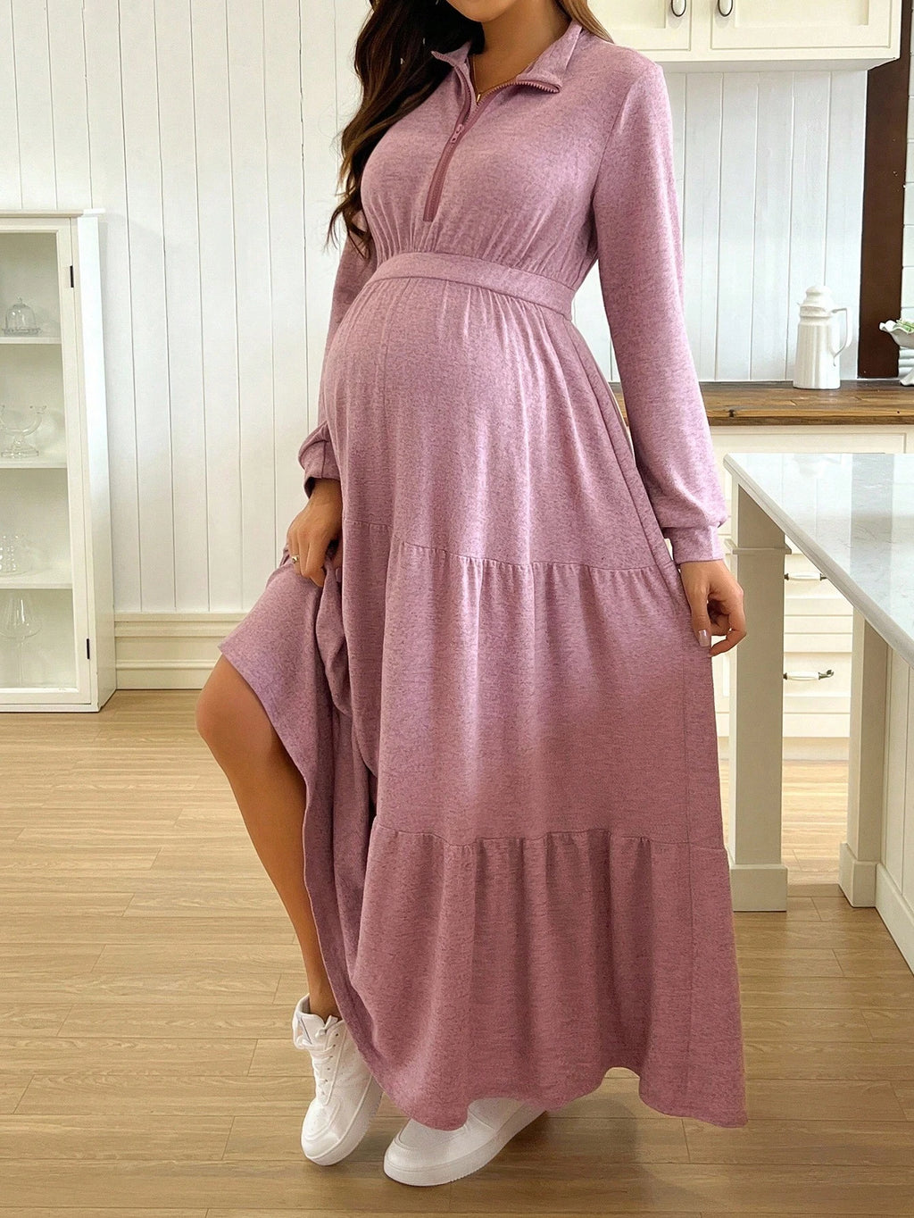 Casual Solid Color Turndown Collar Nursing Dress Fall Dusty Pink