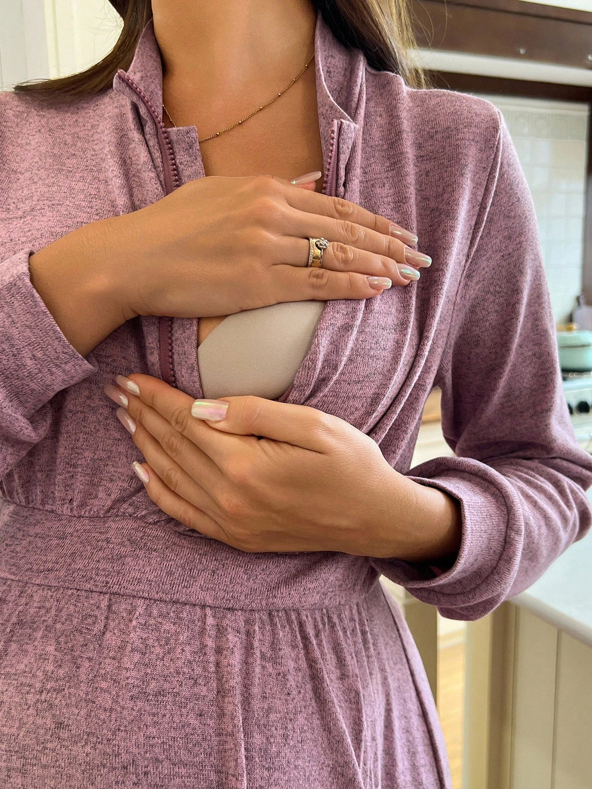 Casual Solid Color Turndown Collar Nursing Dress Fall Dusty Pink