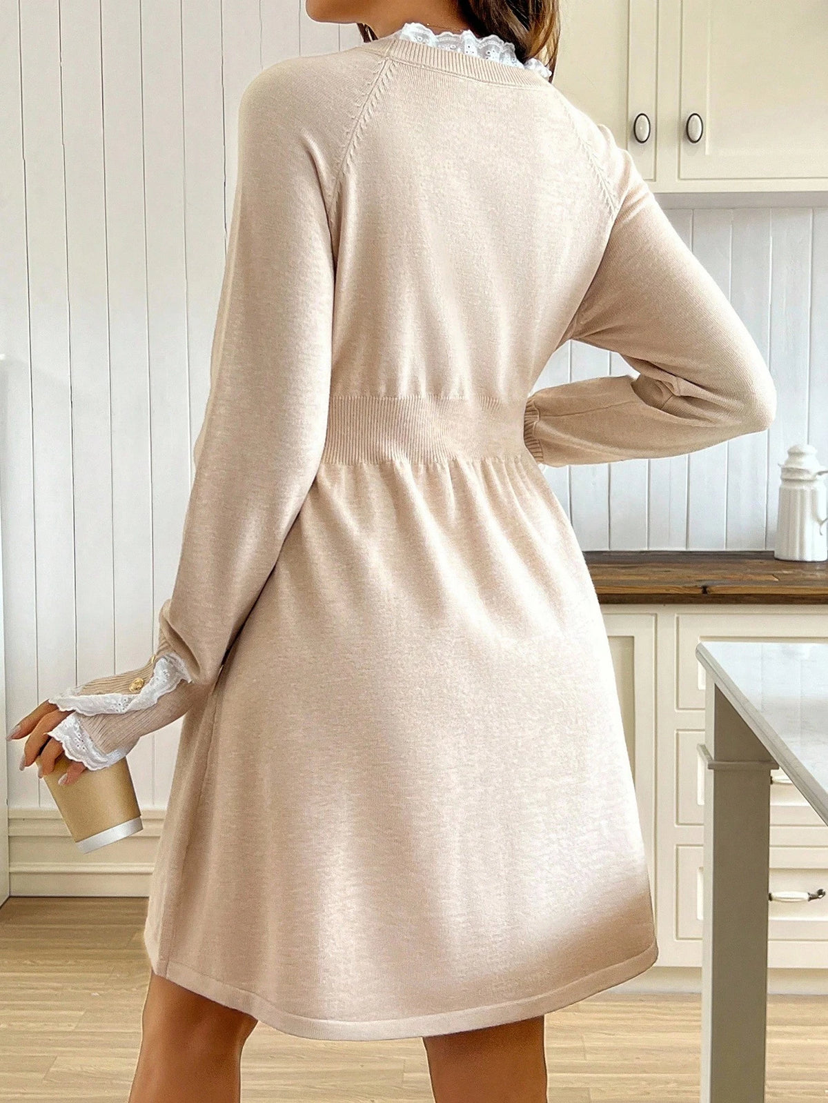 Maternity Apricot Lace-Patchwork A-Line Knit Sweater Dress