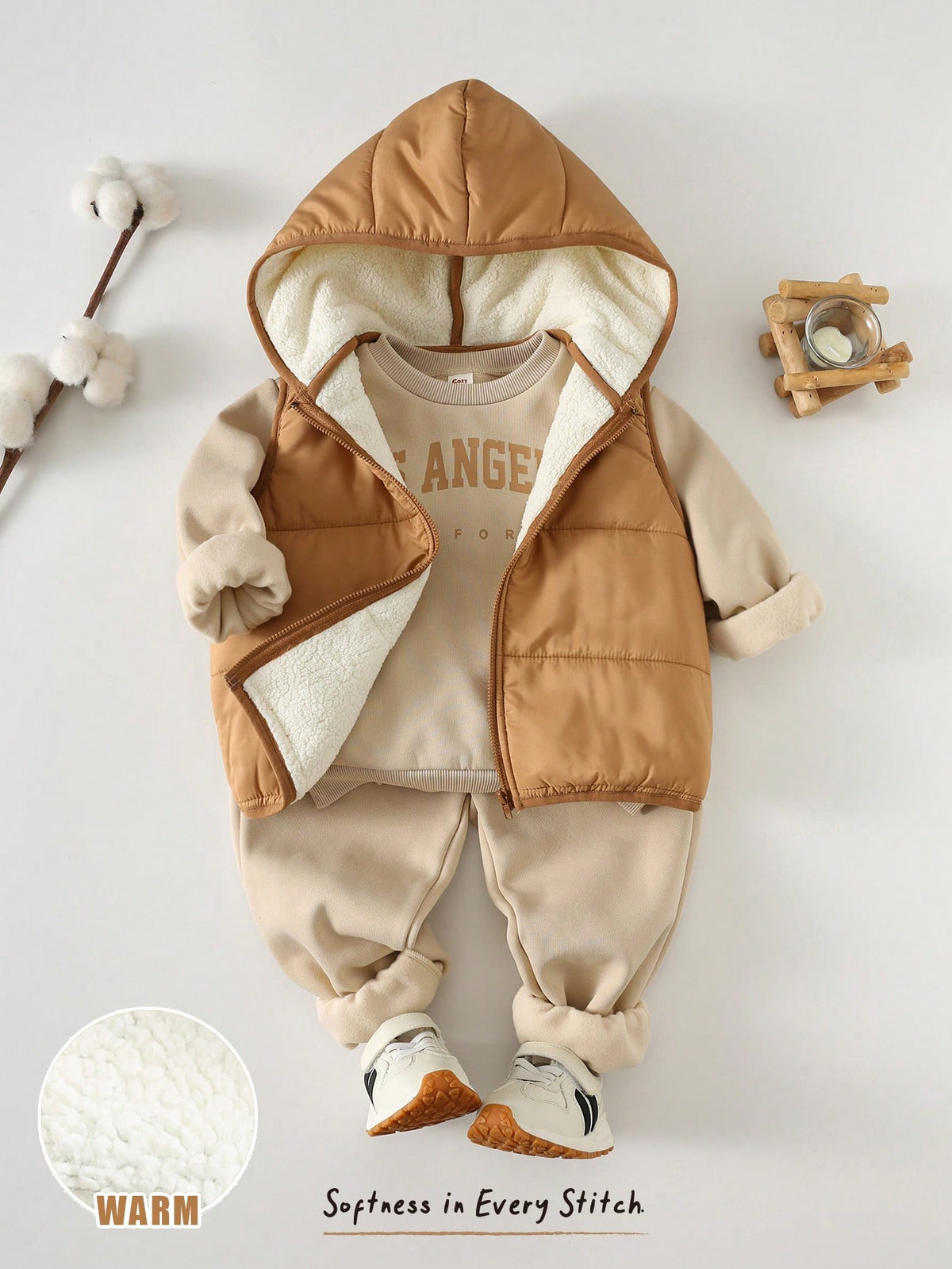 Bambinoo x Cozy Pixies Boys' Letter Print Hoodie, Vest & Pants Set (3-Piece)
