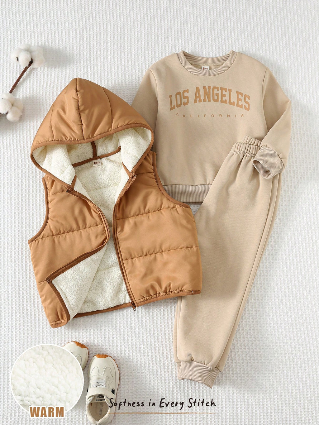 Bambinoo x Cozy Pixies Boys' Letter Print Hoodie, Vest & Pants Set (3-Piece)