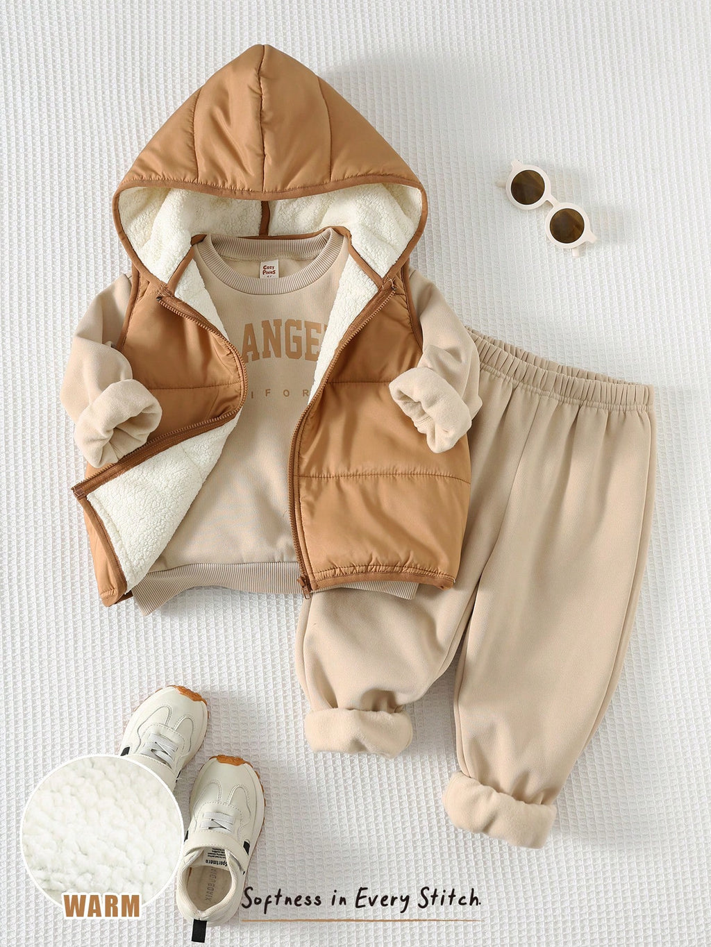 Bambinoo x Cozy Pixies Boys' Letter Print Hoodie, Vest & Pants Set (3-Piece)