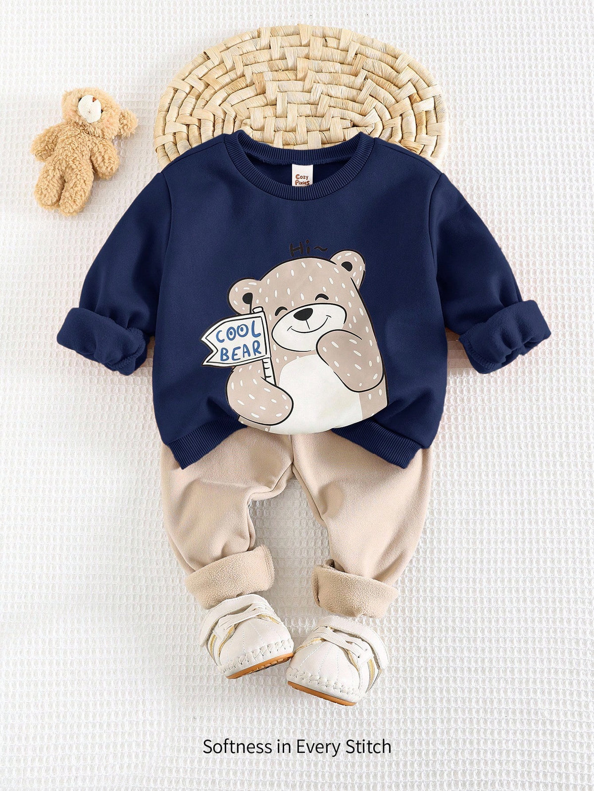 Cozy Pixies Baby Boy Navy Blue Bear Thermal Set Navy Blue