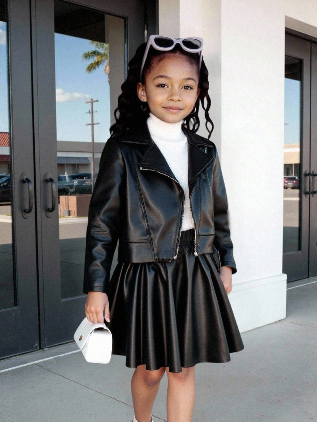 Young Girl Motorcycle PU Leather Jacket Skirt 2 Piece Set
