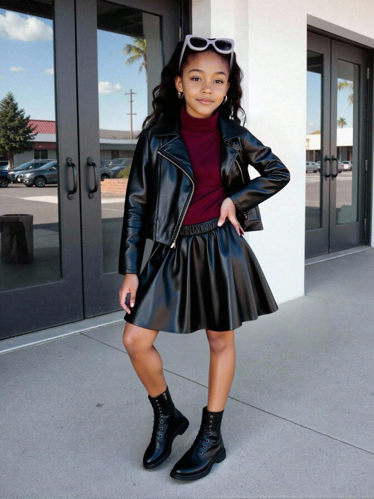 Young Girl Motorcycle PU Leather Jacket Skirt 2 Piece Set