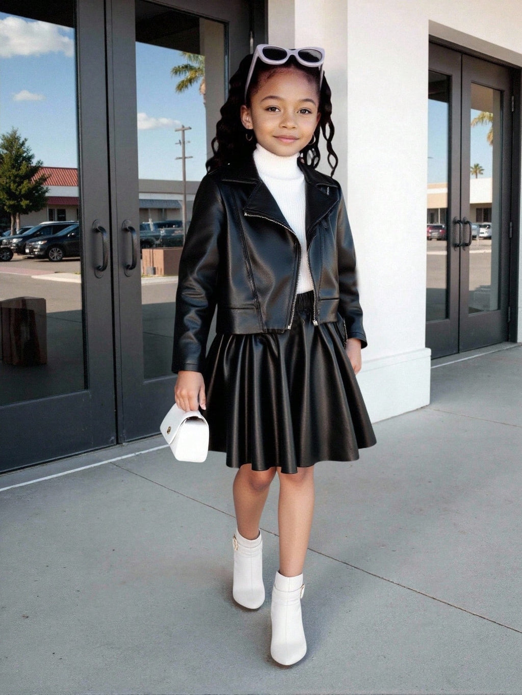 Young Girl Motorcycle PU Leather Jacket Skirt 2 Piece Set