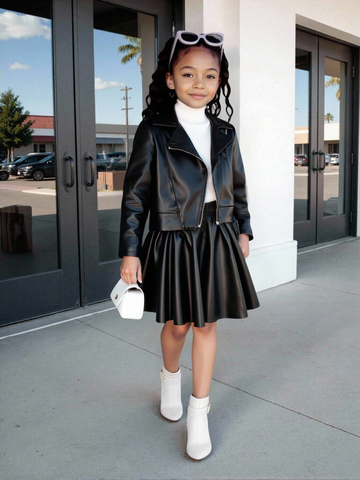 Young Girl Motorcycle PU Leather Jacket Skirt 2 Piece Set