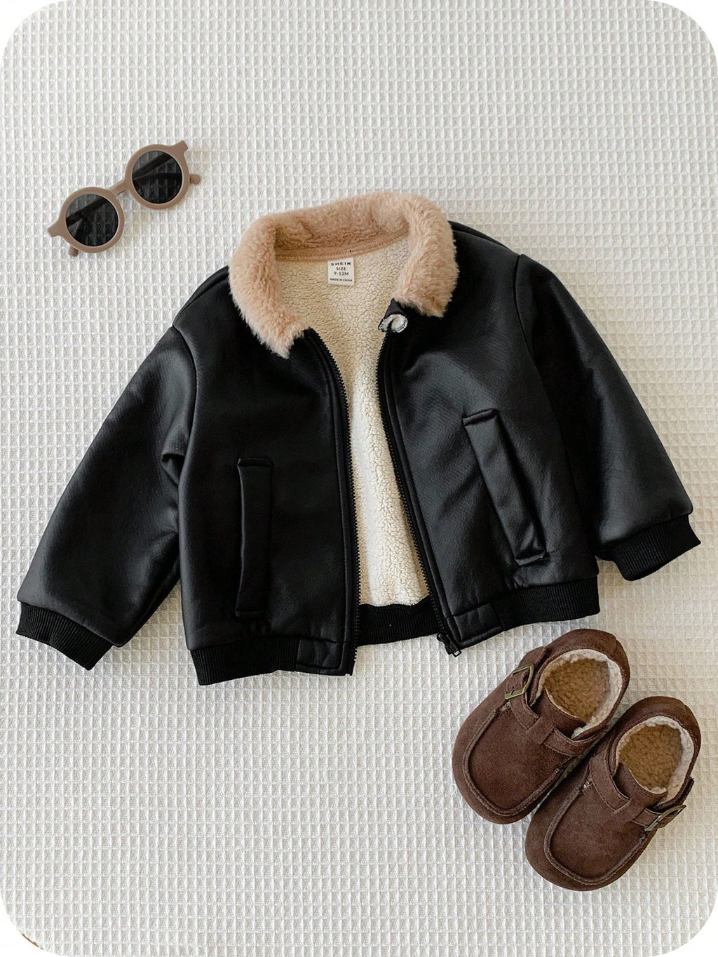 Baby Boys' Black PU Leather Thermal Zip-Up Bomber Jacket
