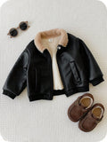 Baby Boys' Black PU Leather Thermal Zip-Up Bomber Jacket