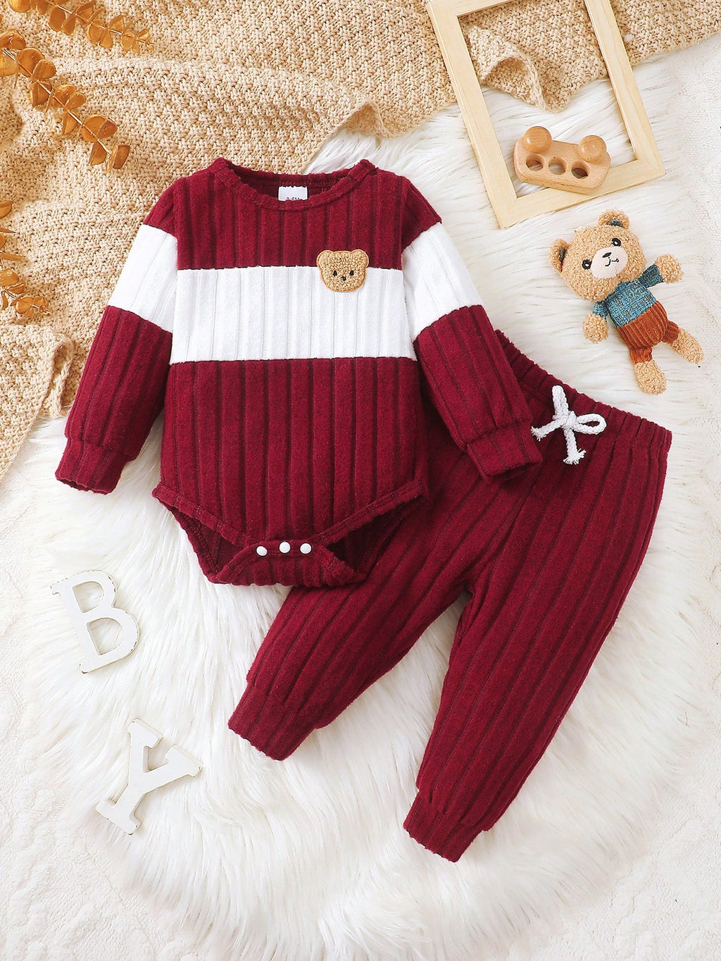 Baby Boy Burgundy Fleece Bear Top Pants Set