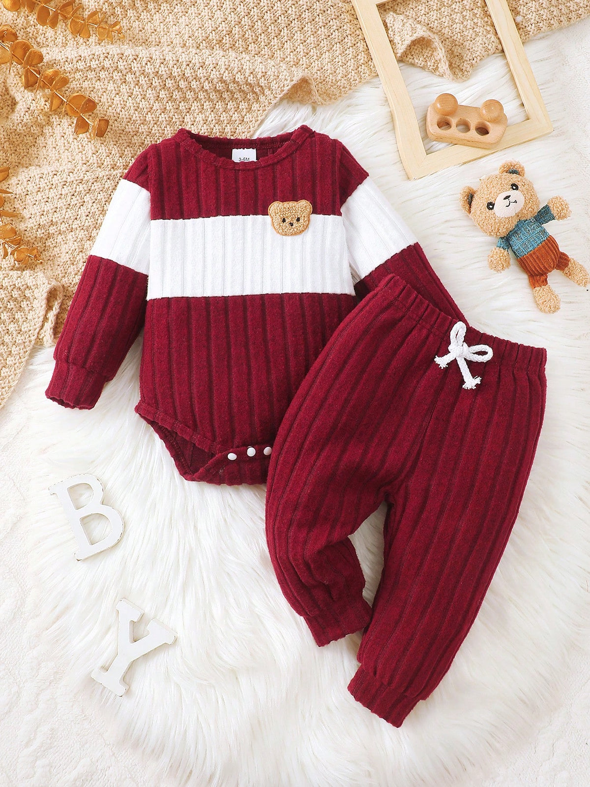 Baby Boy Burgundy Fleece Bear Top Pants Set