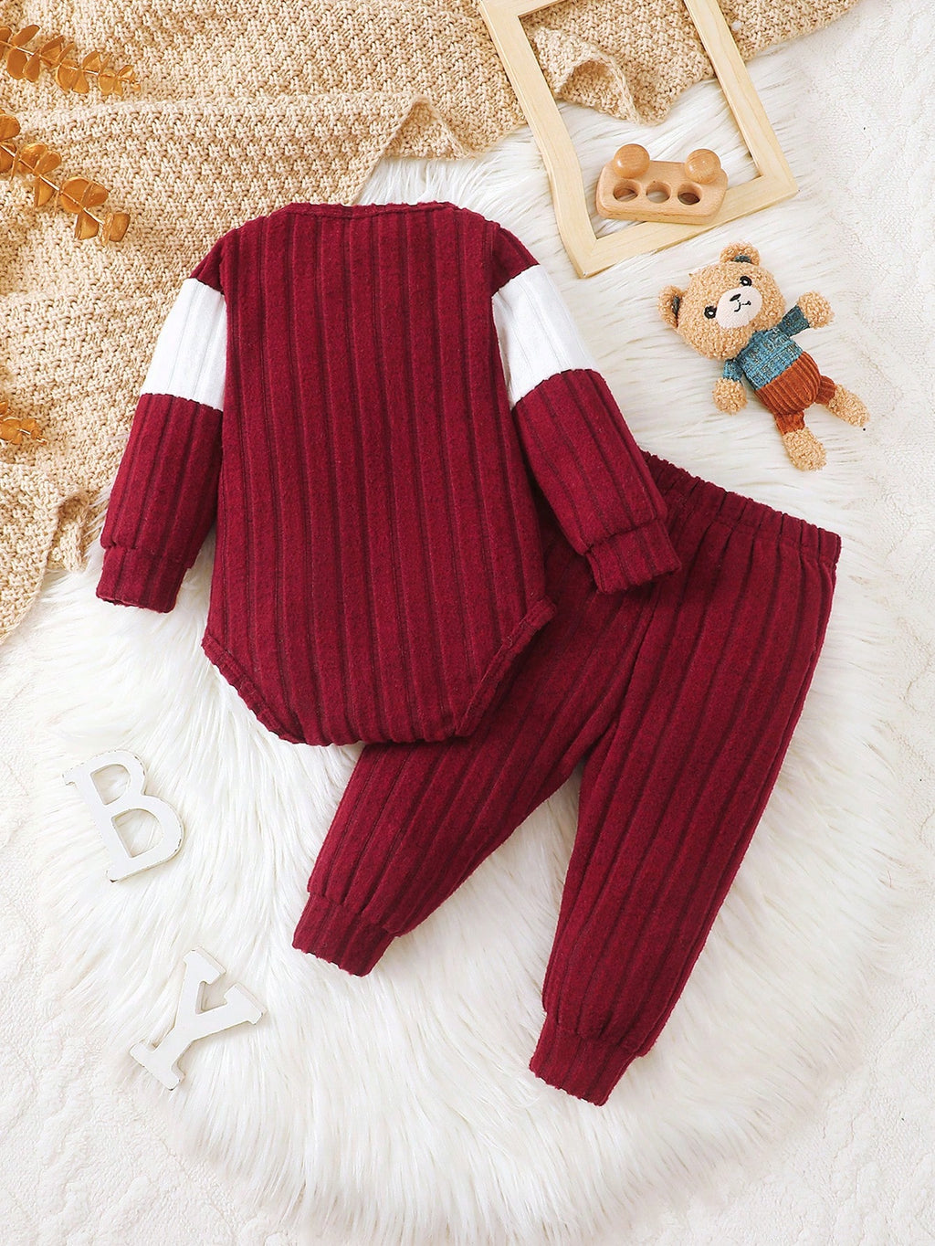Baby Boy Burgundy Fleece Bear Top Pants Set