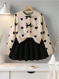Ensemble Fille Veste Pull Beige Cœur & Jupe Noire